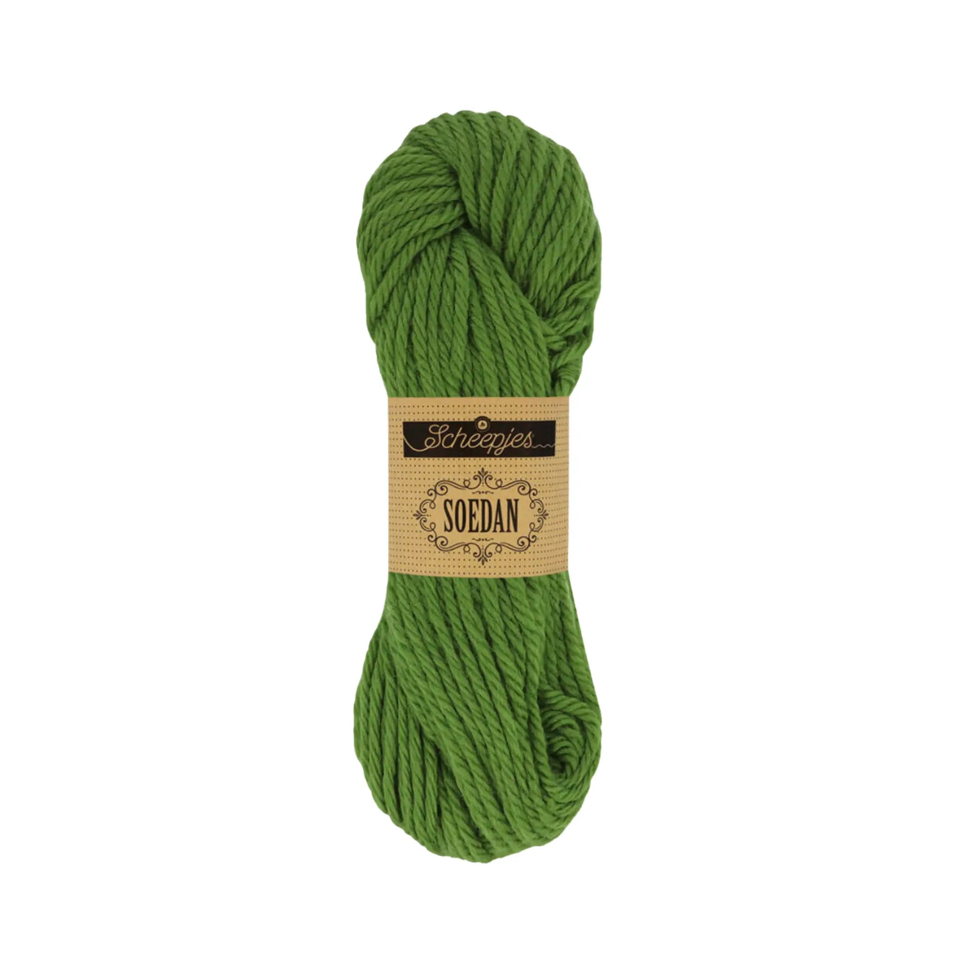 Grass Green Scheepjes Soedan wool yarn for knitting, crochet, felting, weaving, and natural crafts.