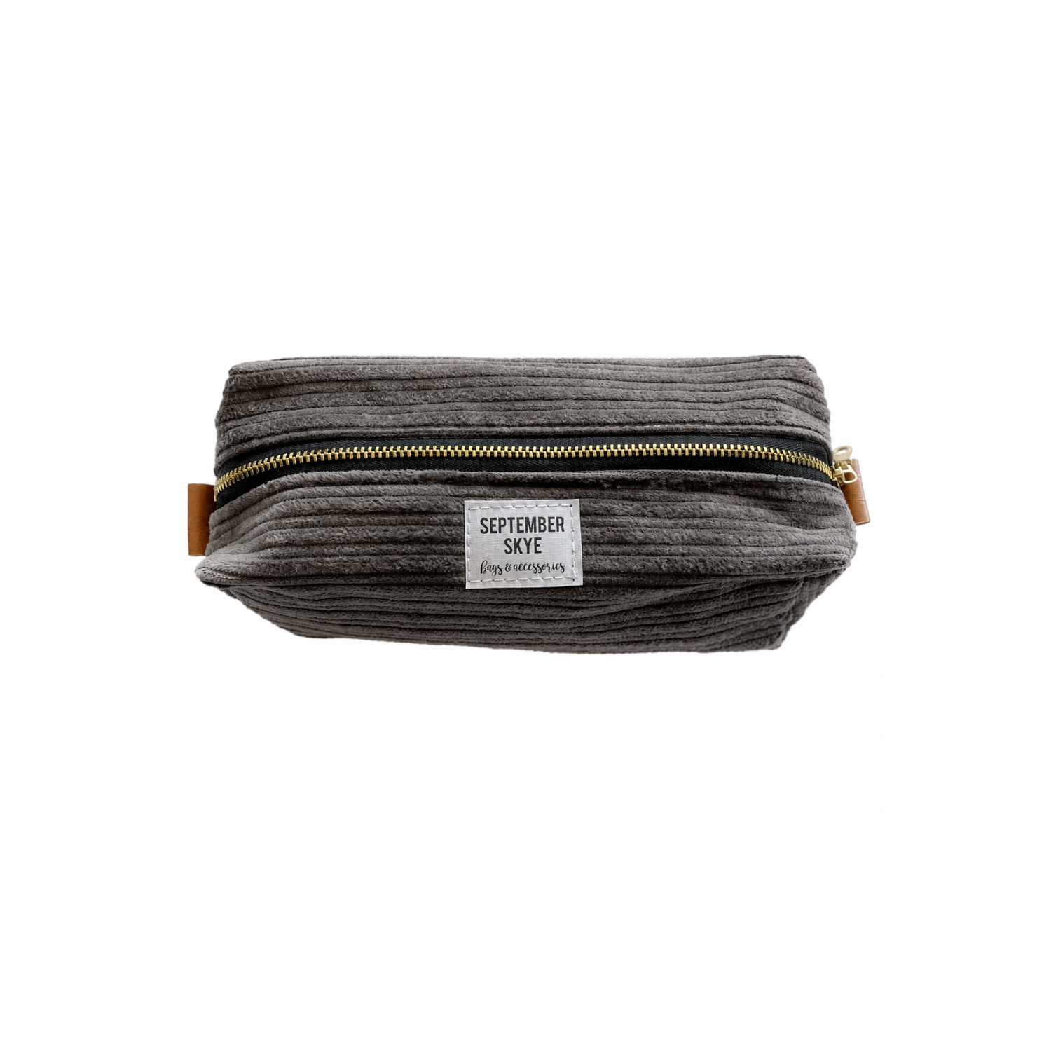 Gray cotton corduroy pencil case by September Skye, front view
