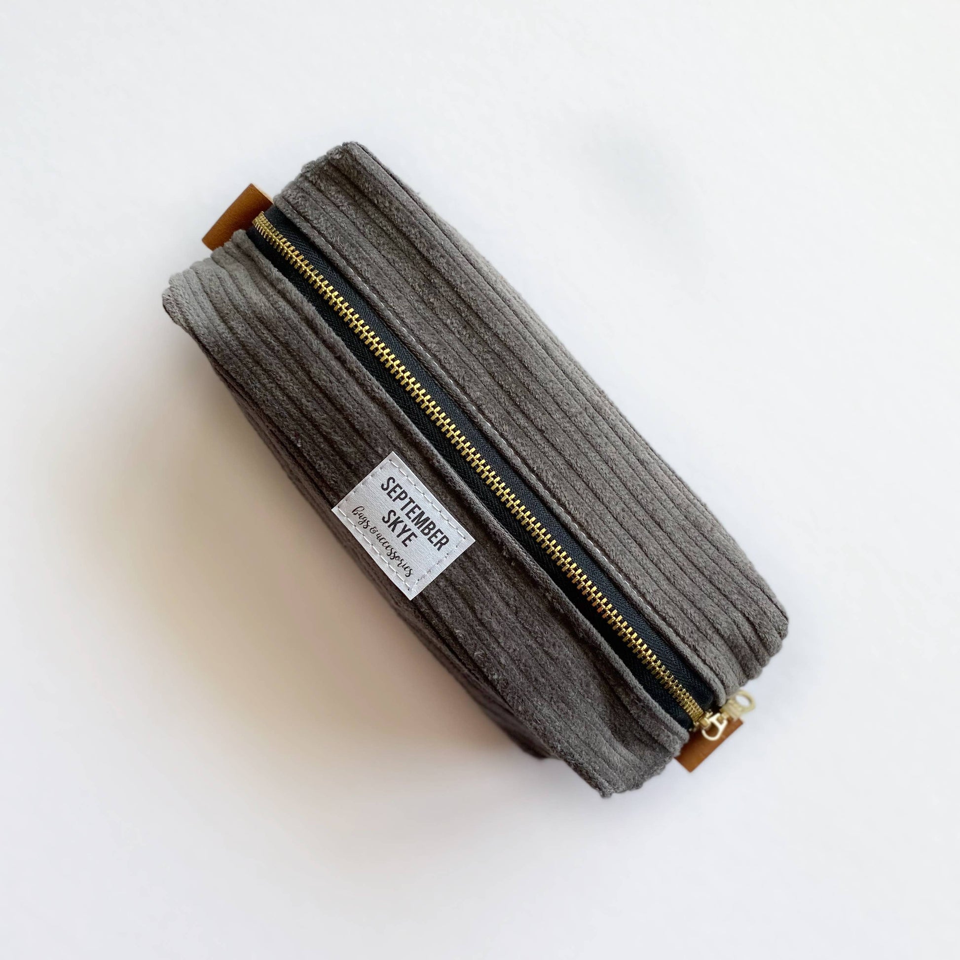 Gray wide-wale corduroy pencil pouch by September Skye, front view
