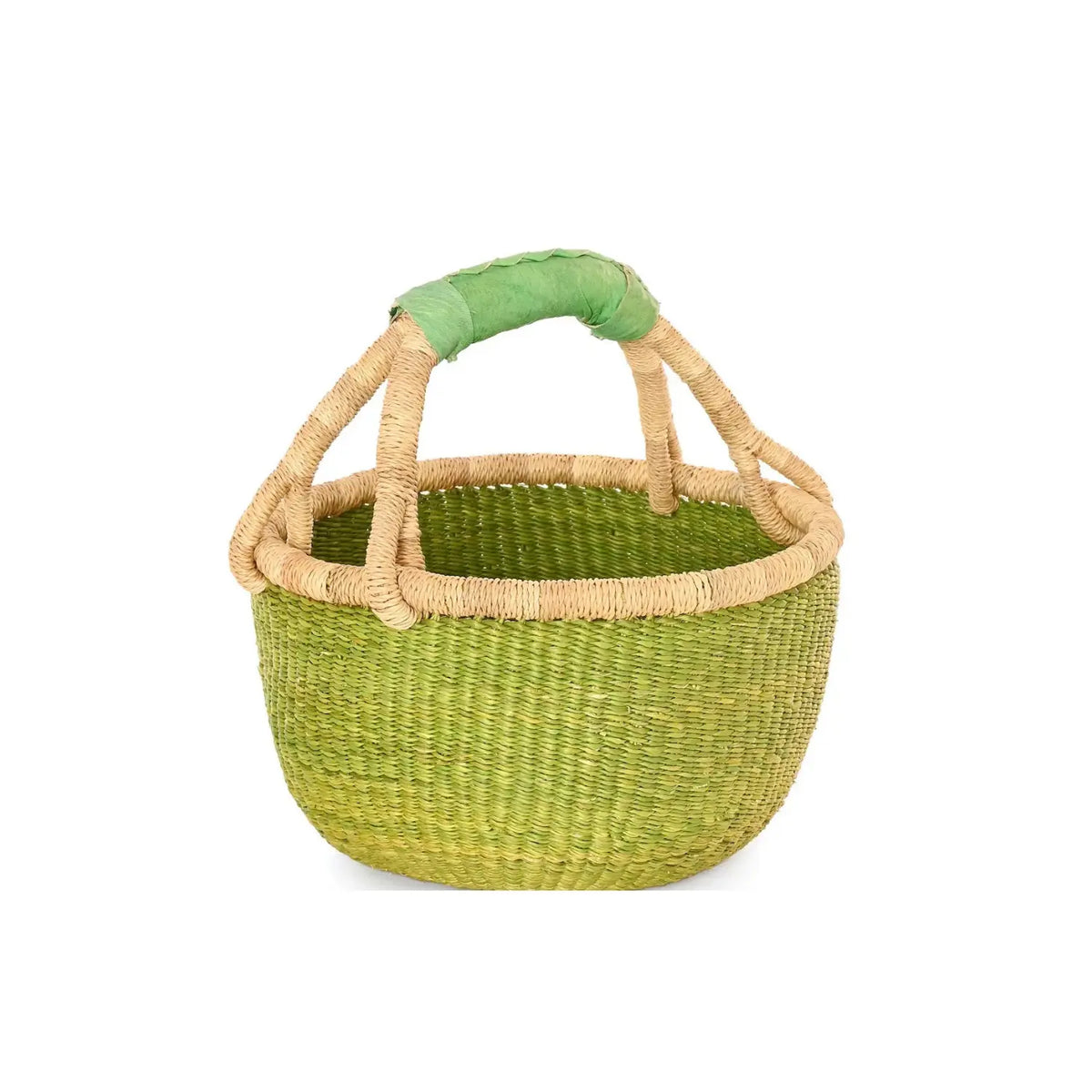 Green handwoven children's Bolga basket with a light green wrapped handle on a white background.