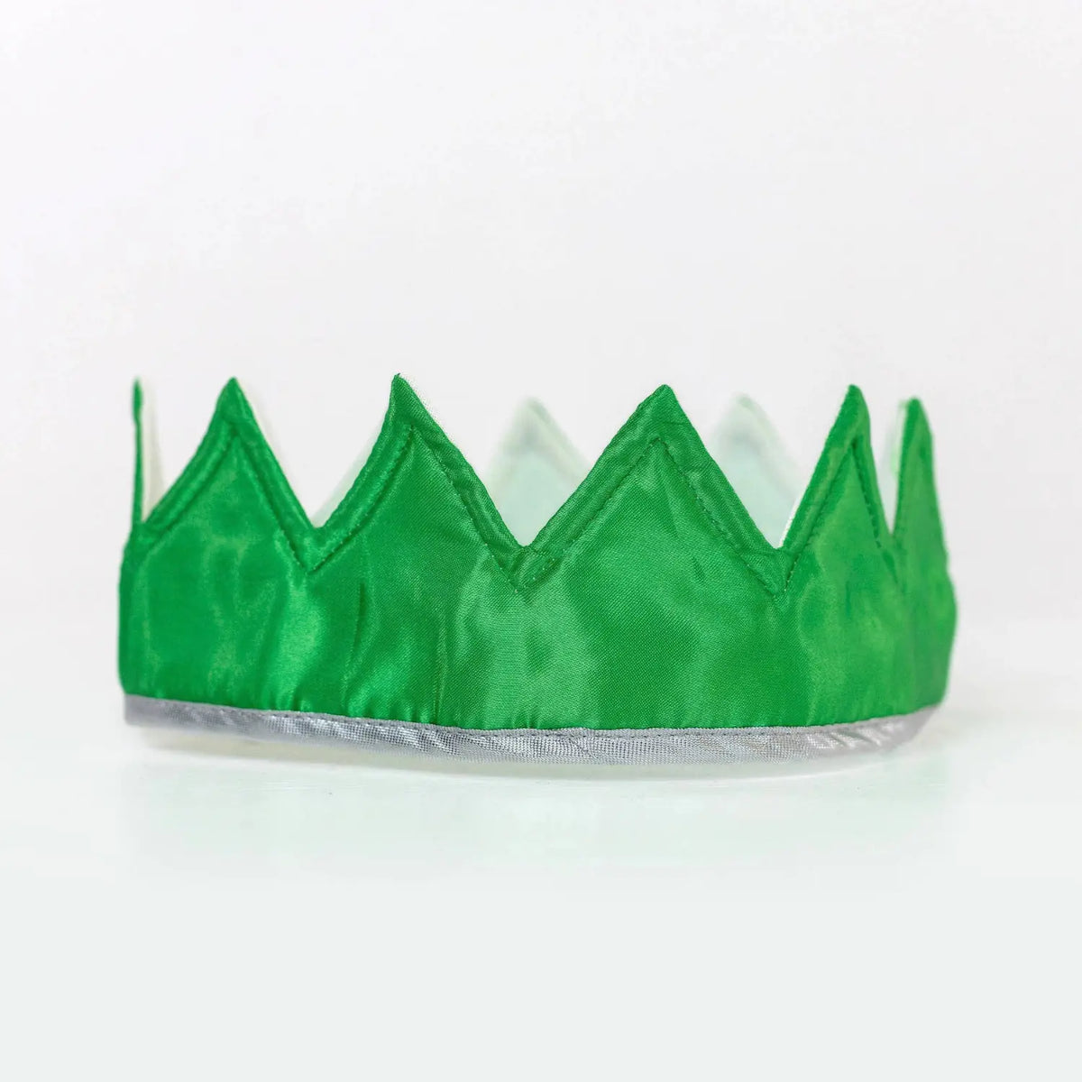 Green and silver satin dress-up crown with silver trim for imaginative dress-up play