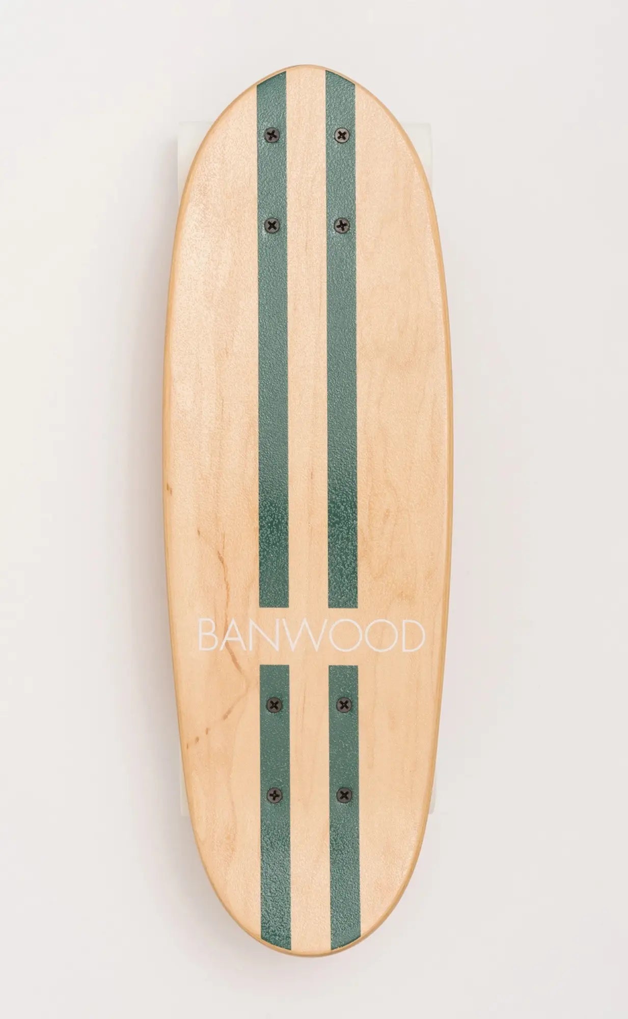 Wooden skateboard deck with green stripes on a light background, featuring the brand 'Banwood'.