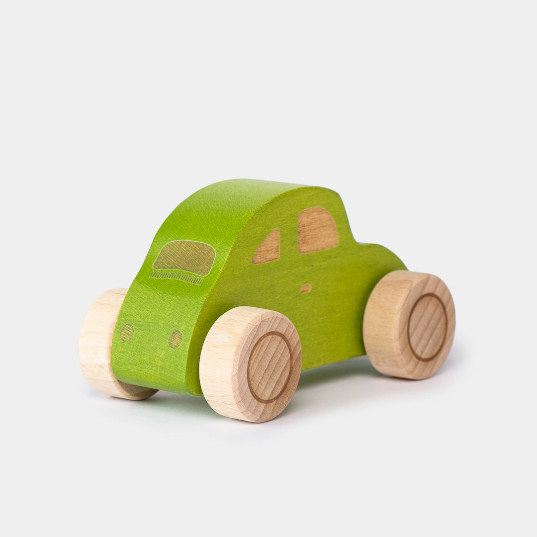 Green wooden beetle toy car back view for preschool play 