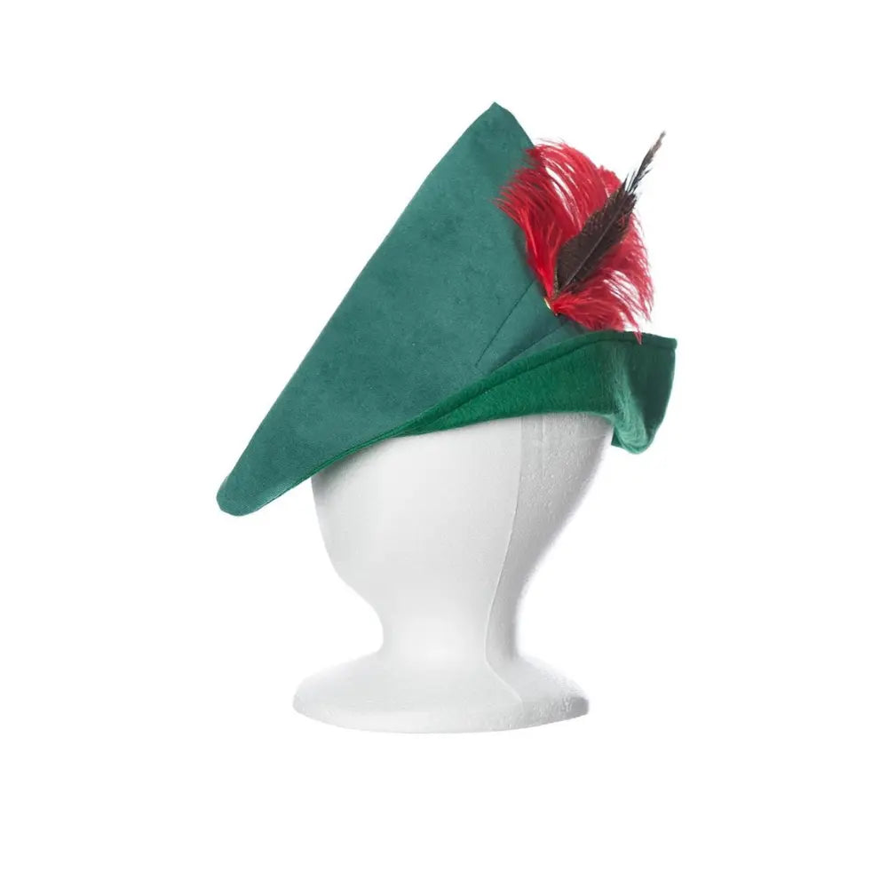 Green woodsman hat with red feather for kids dress-up and costume play