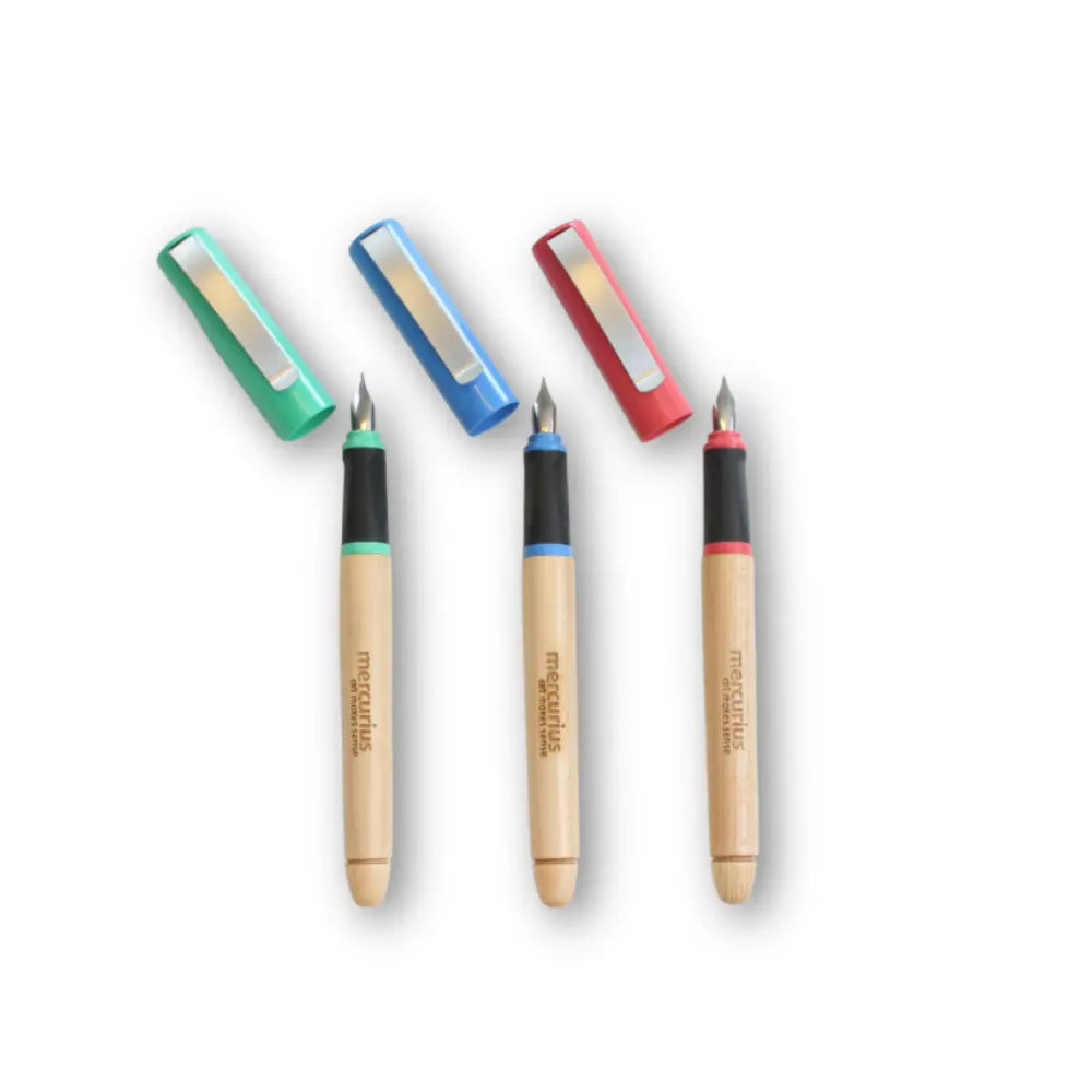 Set of three Art Makes Sense Mercurius multicolored fountain pens with visible branding on a white background