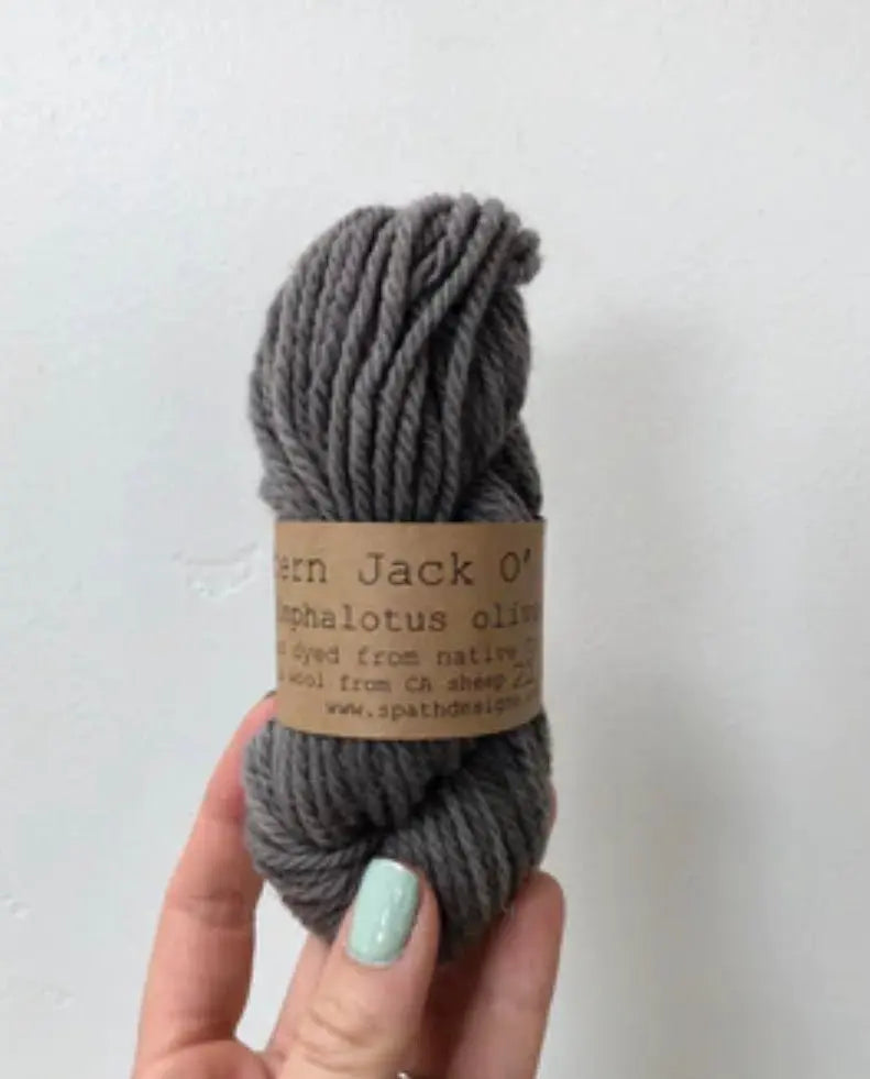 Gray skein of yarn held by a hand with light blue nail polish against a white background