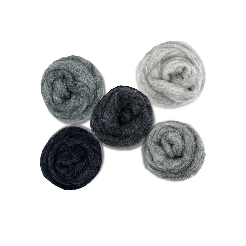 Five grey tone Corriedale wool sliver for shading and felting balls on white