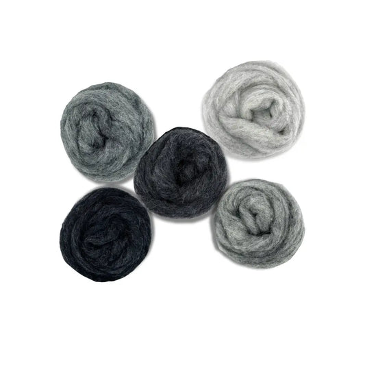 Five grey tone Corriedale wool sliver for shading and felting balls on white