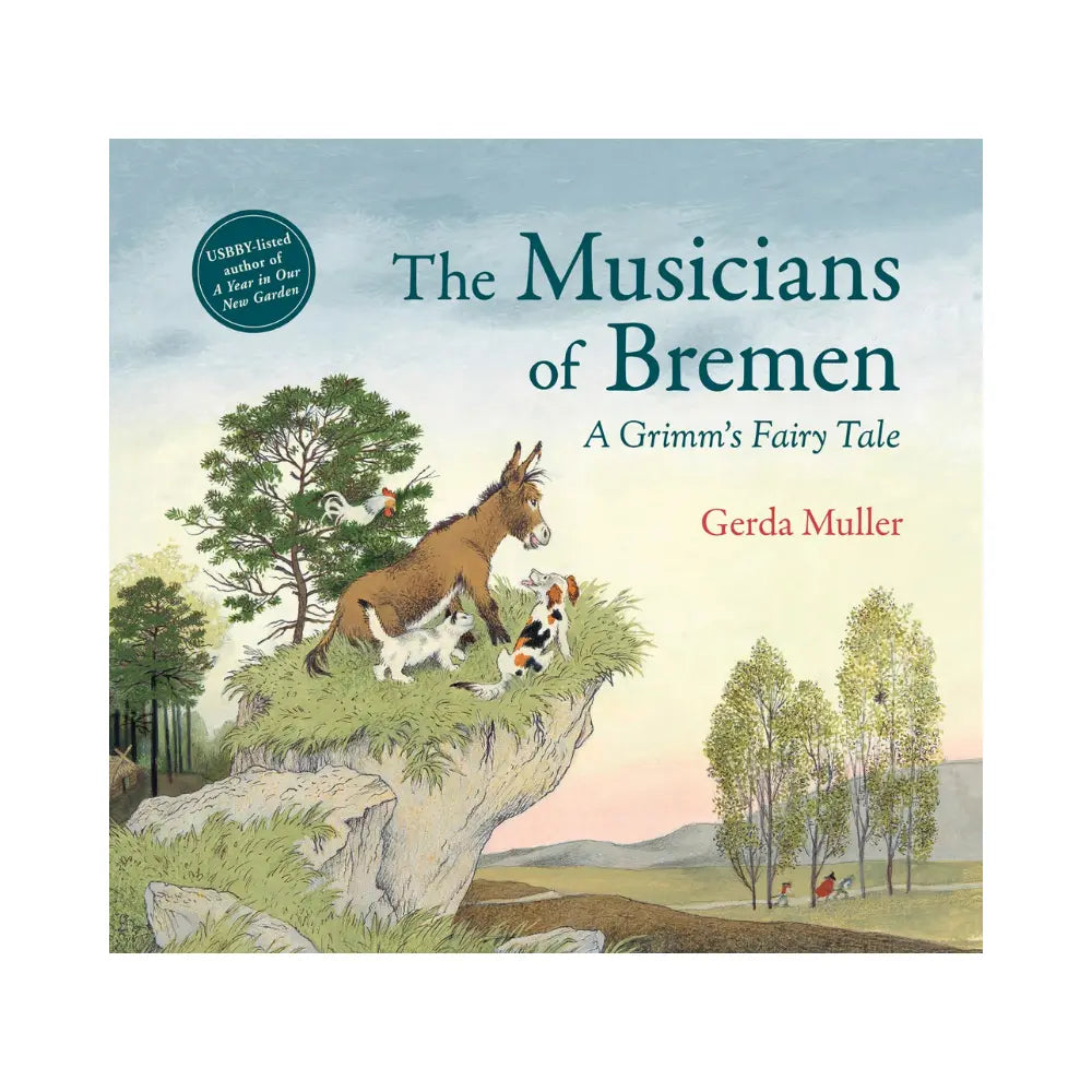 Book cover of 'The Musicians of Bremen' with animals on a cliff and trees in the background.