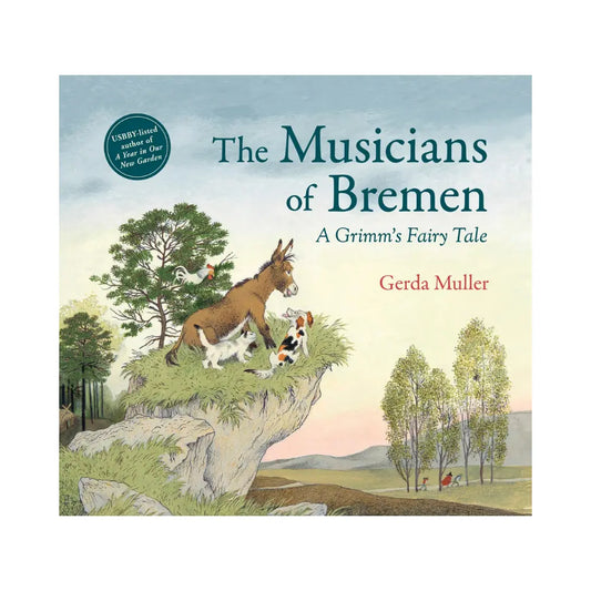 Book cover of 'The Musicians of Bremen' with animals on a cliff and trees in the background.