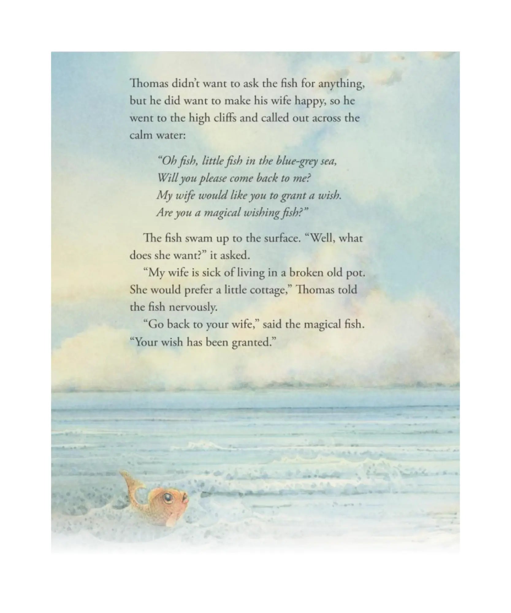 Storybook scene with a fish in the water and text on a blue and white background