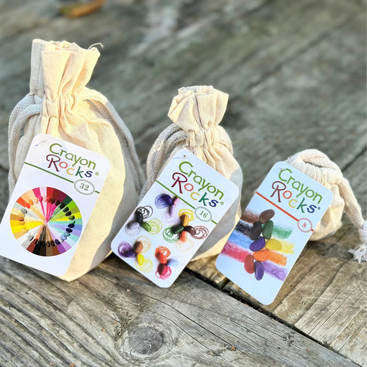 soy wax grip training crayons in cotton bags showing 8, 16, and 32 color sets for fine motor development