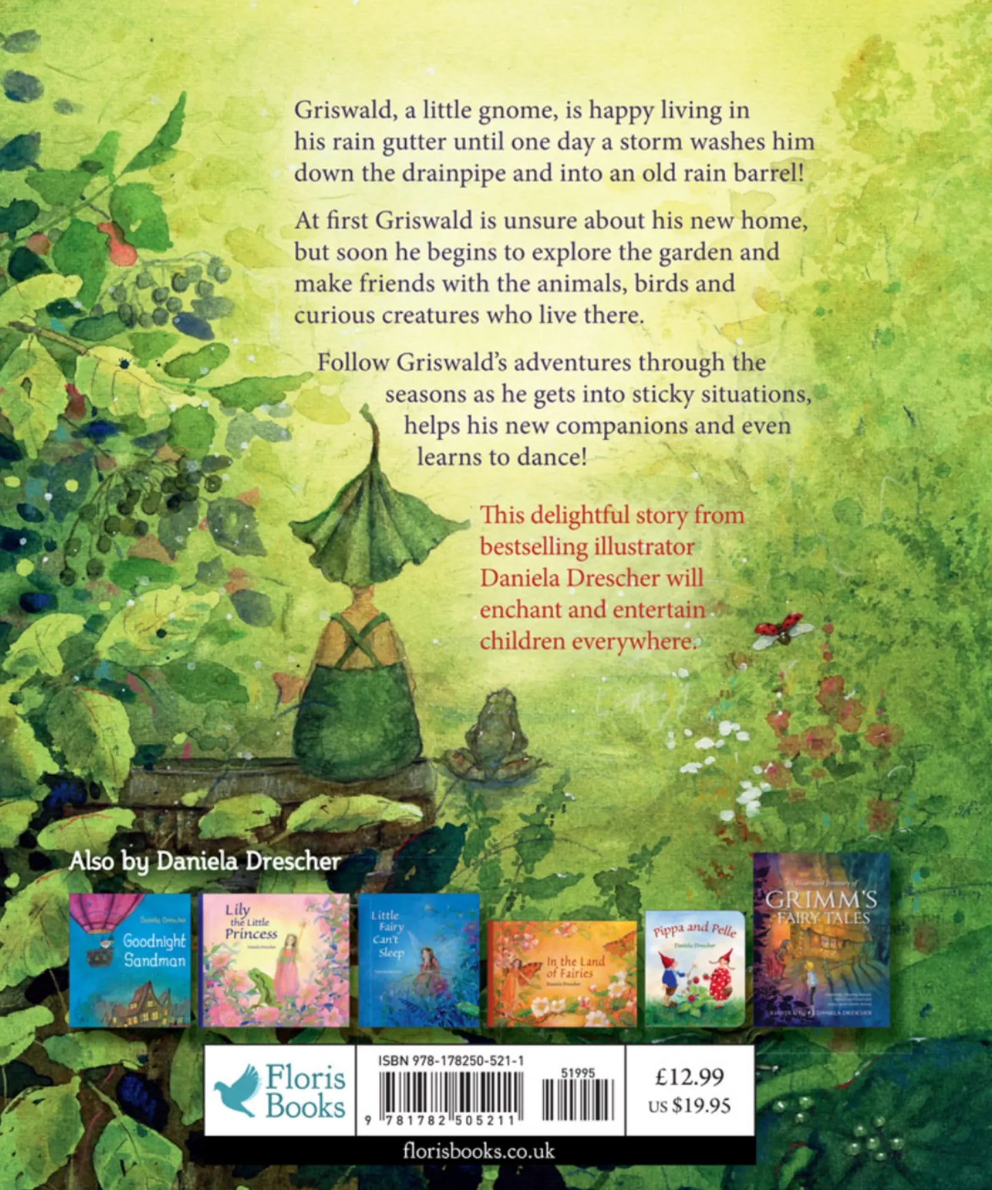 Book cover with greenery and a gnome, featuring text about the story and illustrations of other books.