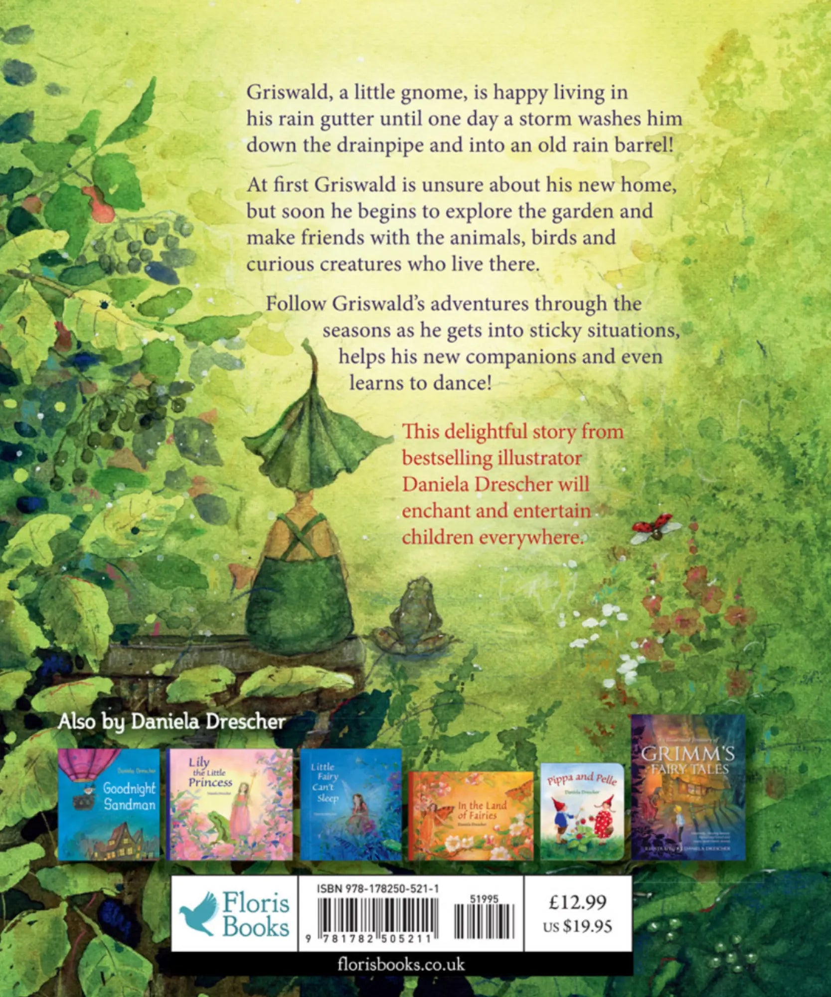 Book cover with greenery and a gnome, featuring text about the story and illustrations of other books.