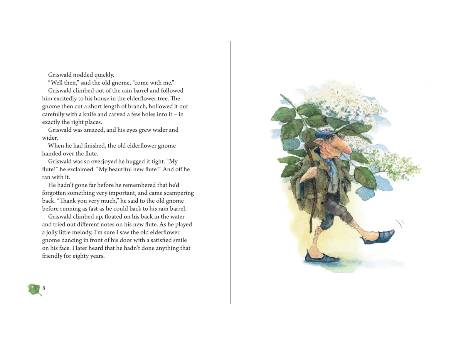 Illustrated book page with text and a colorful illustration of a character in nature.