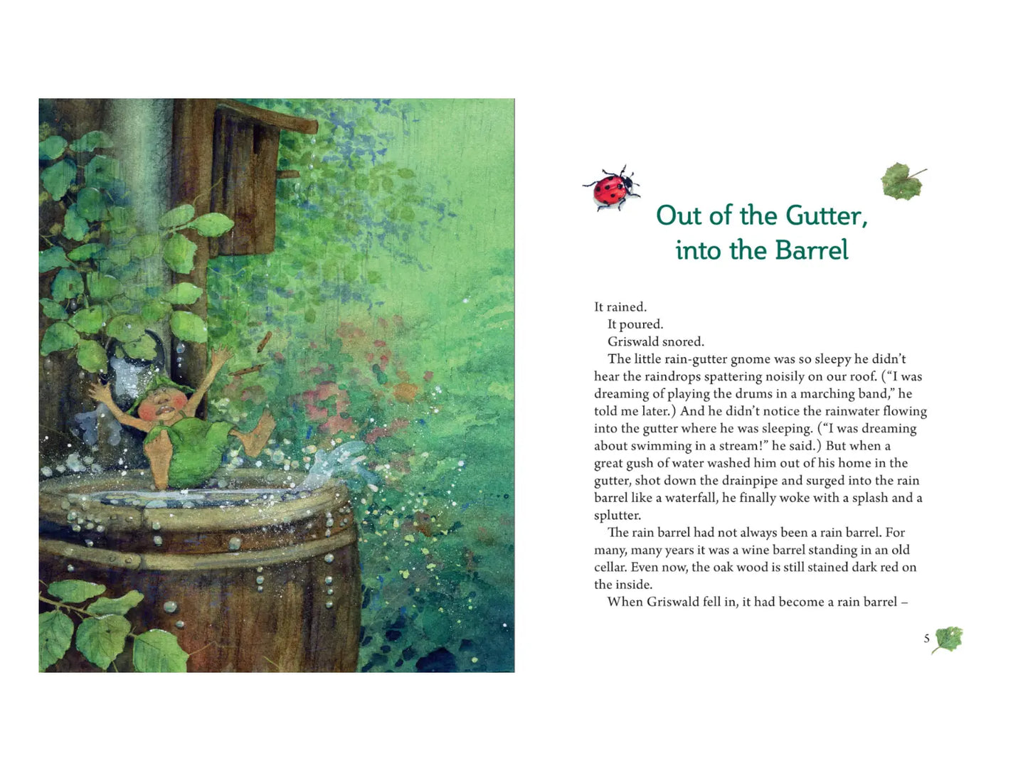 Illustrated book page with a gnome by a barrel and garden, accompanied by text.