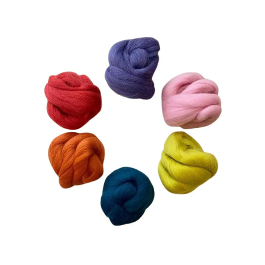Six Groovy Times wool top color bundle for spinning and felting on white