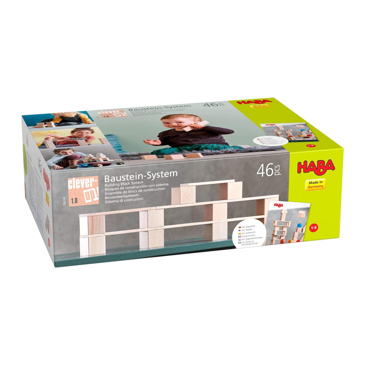 HABA building block system packaging with images of children playing and HABA branding.