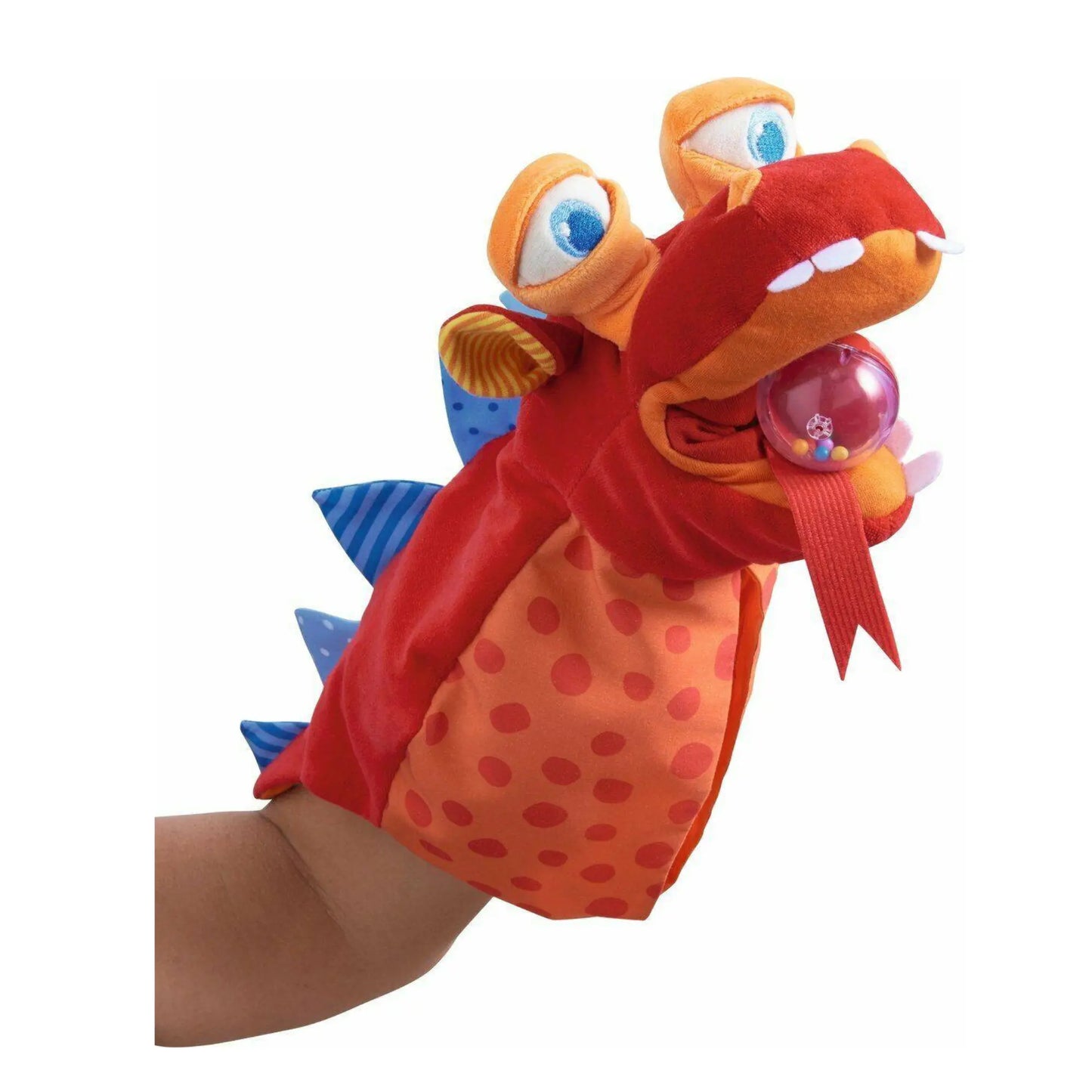 Red dragon glove puppet with blue accents on a white background