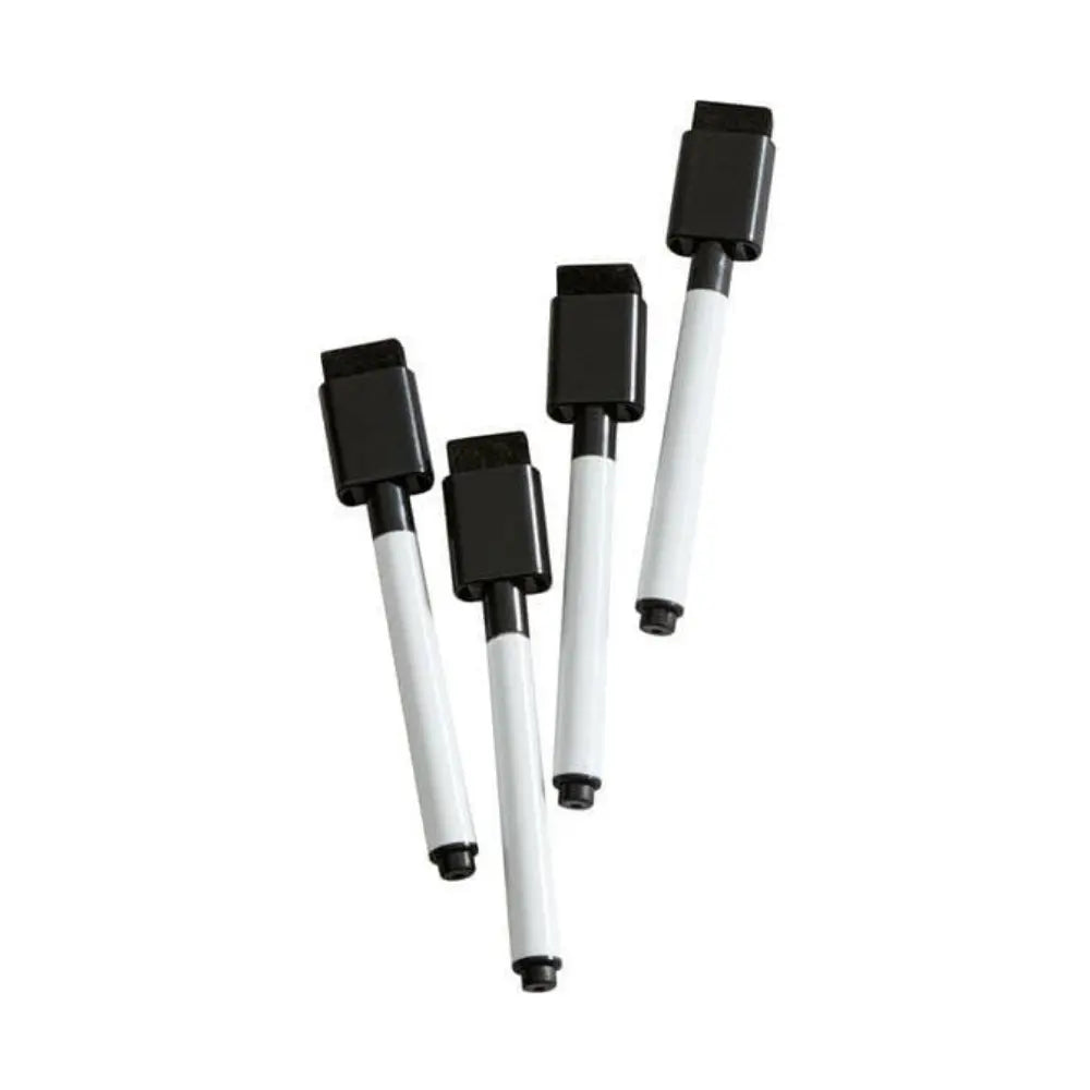 Set of four black markers with eraser caps on white background