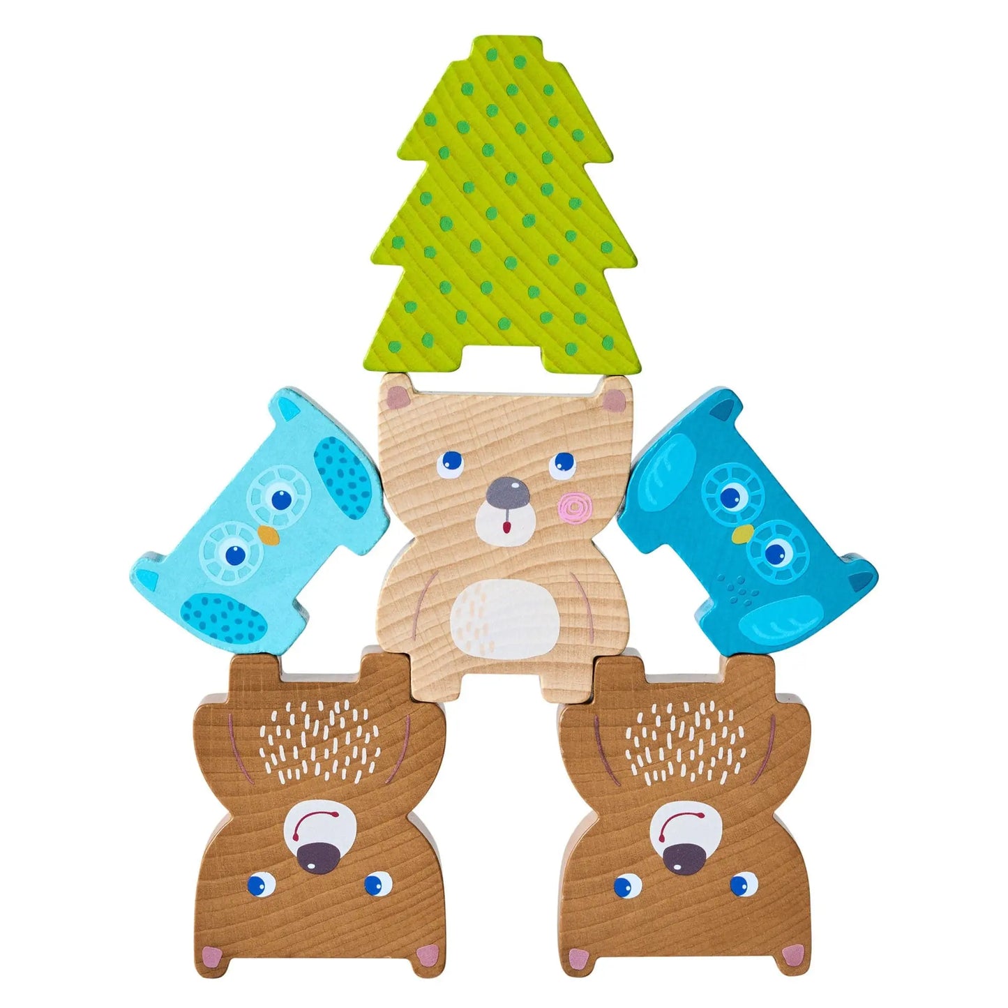 Wooden toy set with bear and owl figures and a green tree on a white background