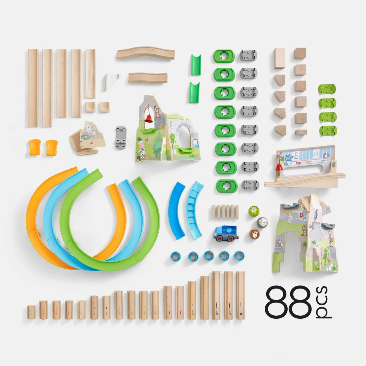 88-piece HABA Kullerbü Mountain Adventure Track Set with tracks, columns, blocks, balls, truck, and accessories