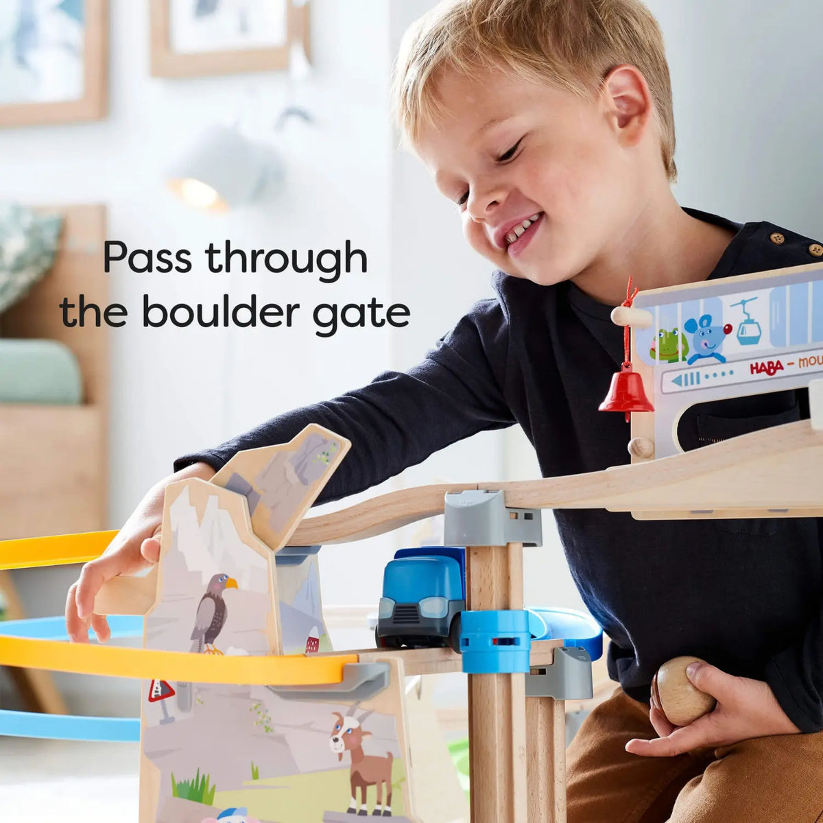 HABA Kullerbü Mountain Adventure Track Set with gondola station, boulder gate, rockfall, domino steps, and bell gate