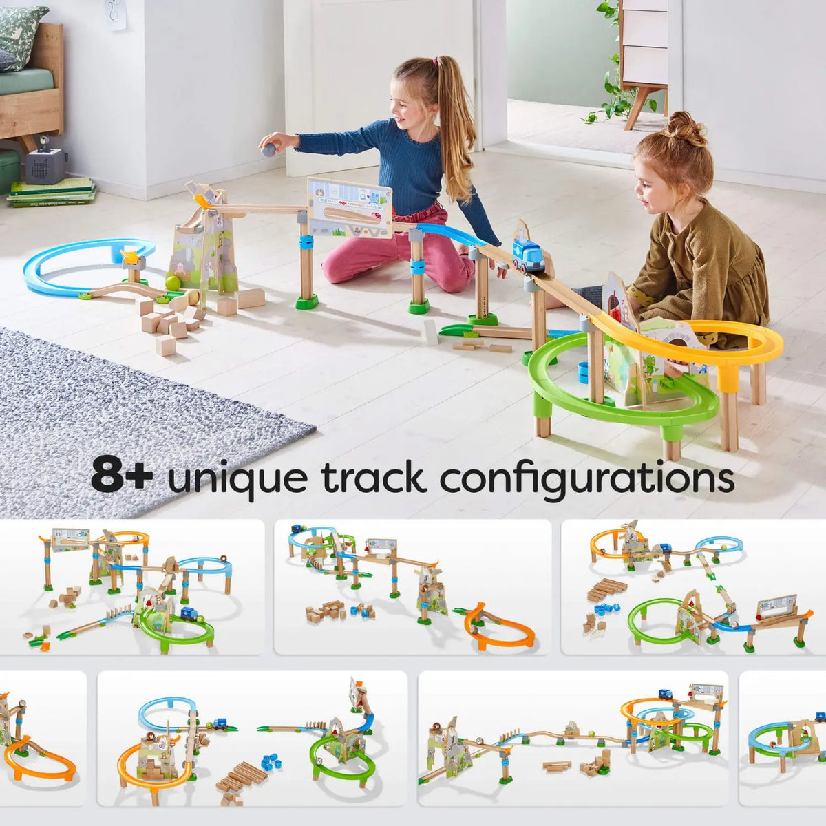 HABA Kullerbü Mountain Adventure Track Set shown in more than eight possible track configurations