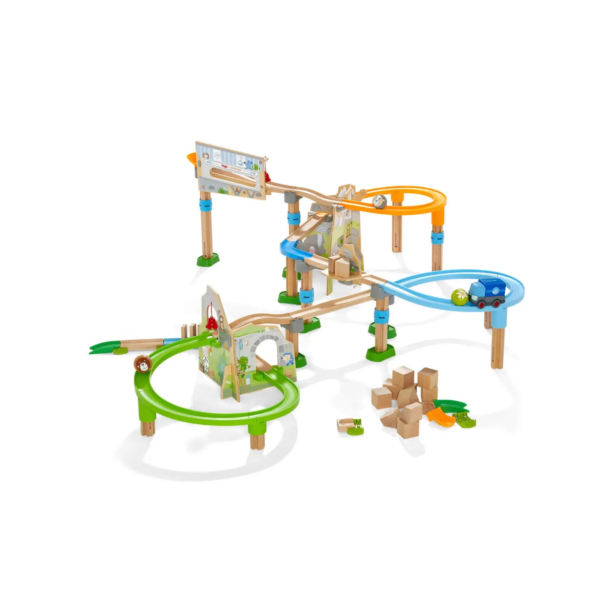 Fully assembled HABA Kullerbü Mountain Adventure Track Set with elevated wooden tracks, curves, truck, and blocks