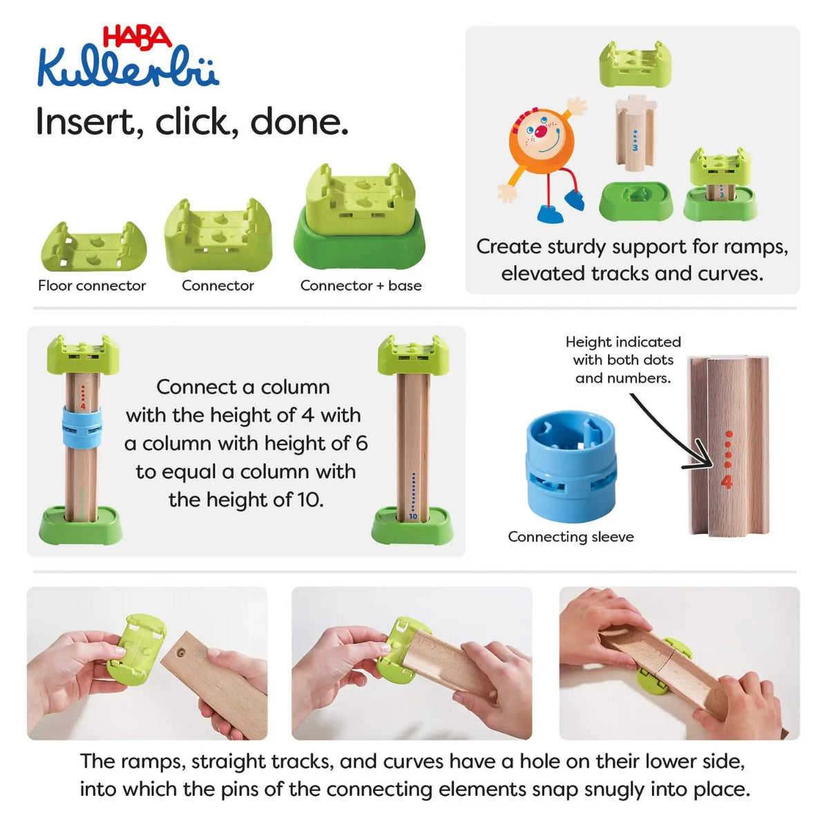HABA Kullerbü click connectors and adjustable column height system for elevated track building