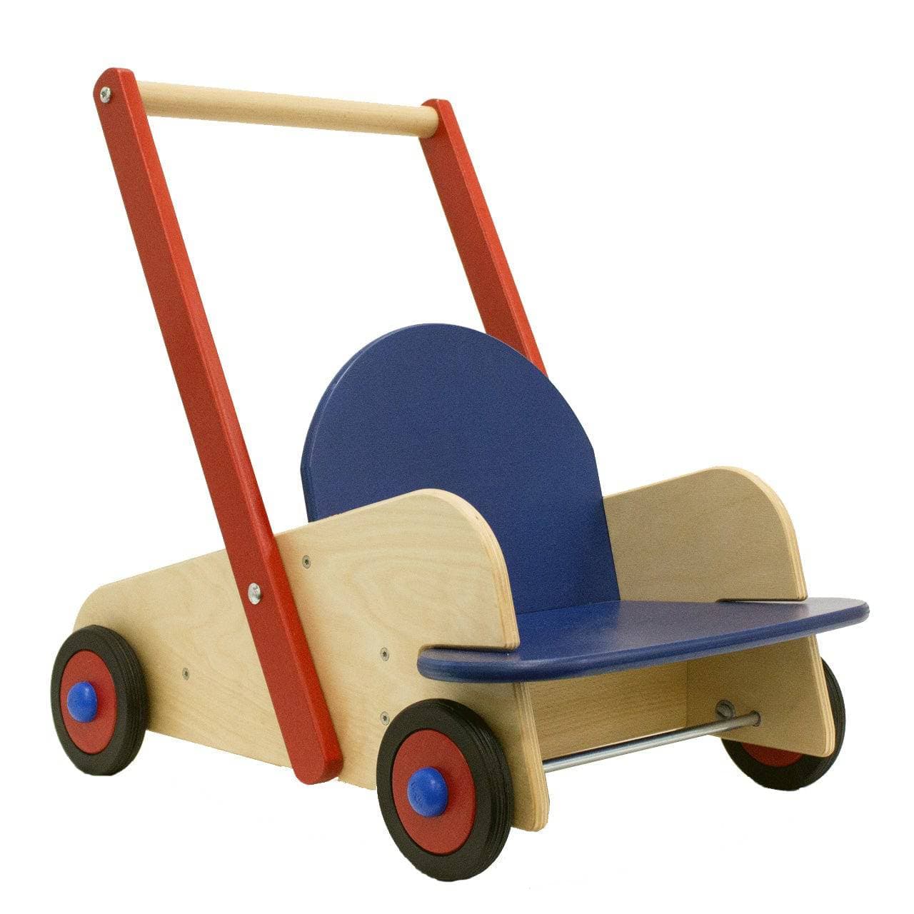 Wooden children's push cart with blue seat and red handle on a white background