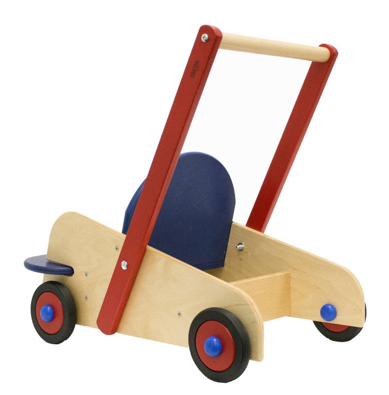 Wooden toy push car with red handle and blue seat on a white background