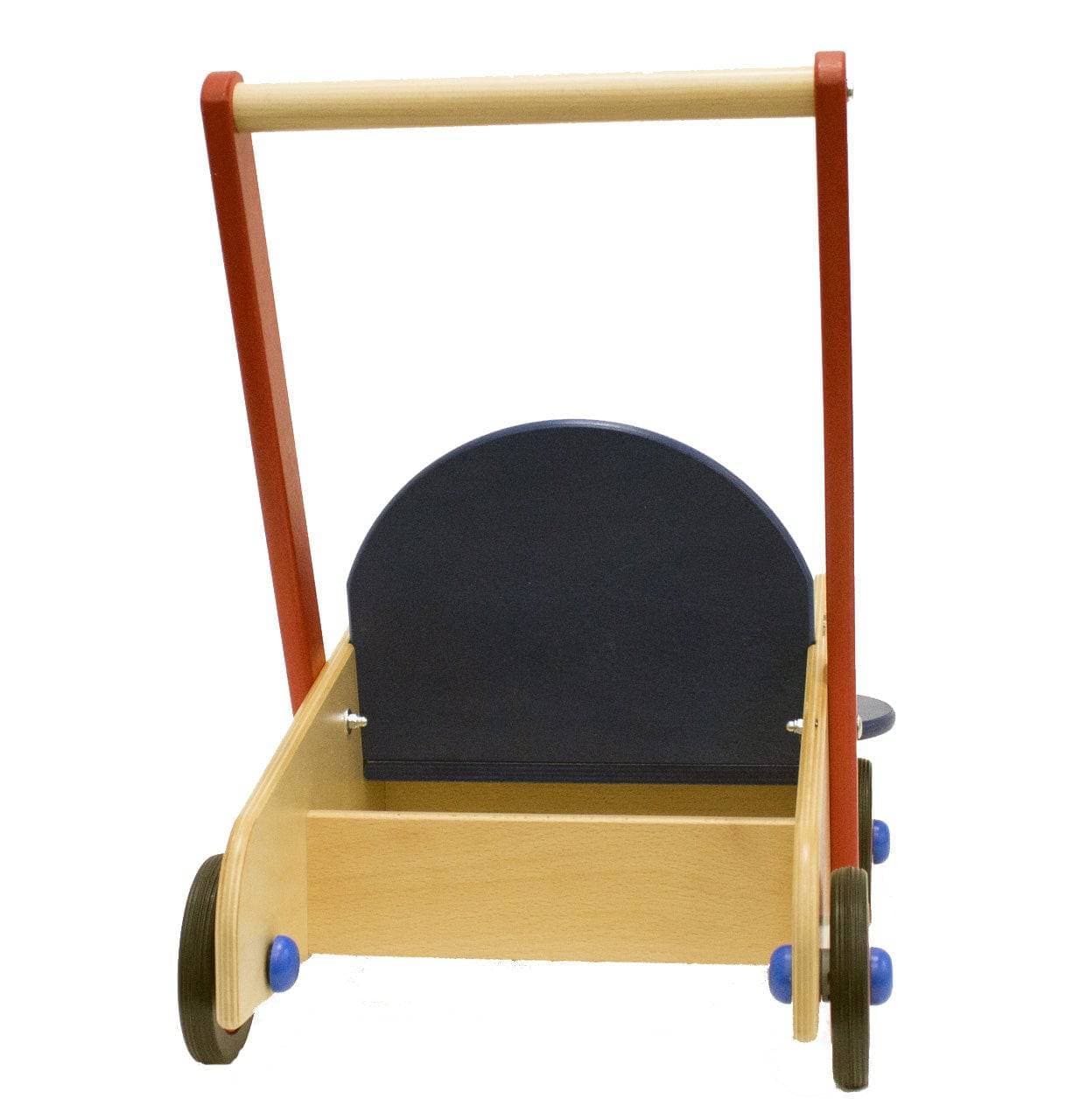 Wooden children's push toy with a black seat on a white background