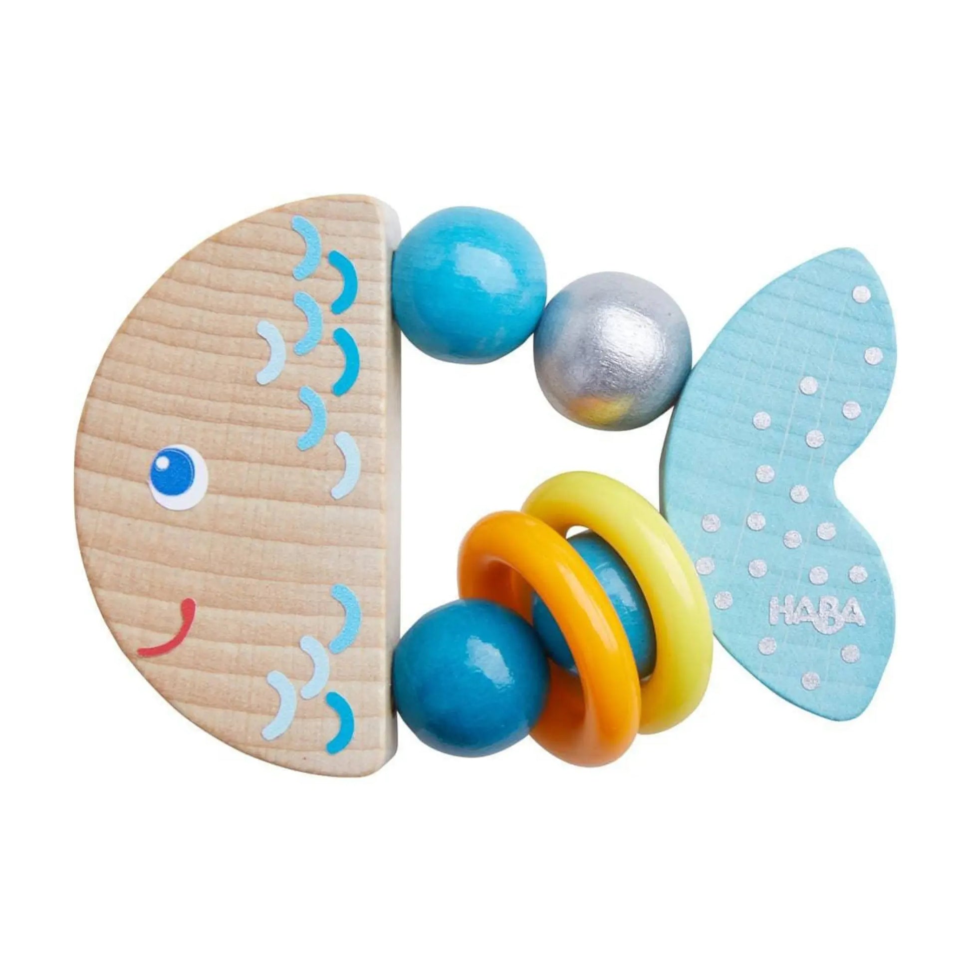 Colorful fish-shaped wooden toy with beads on a white background