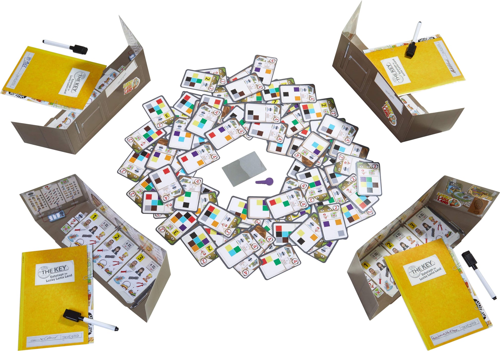 Collection of colorful cards and packaging on a white background