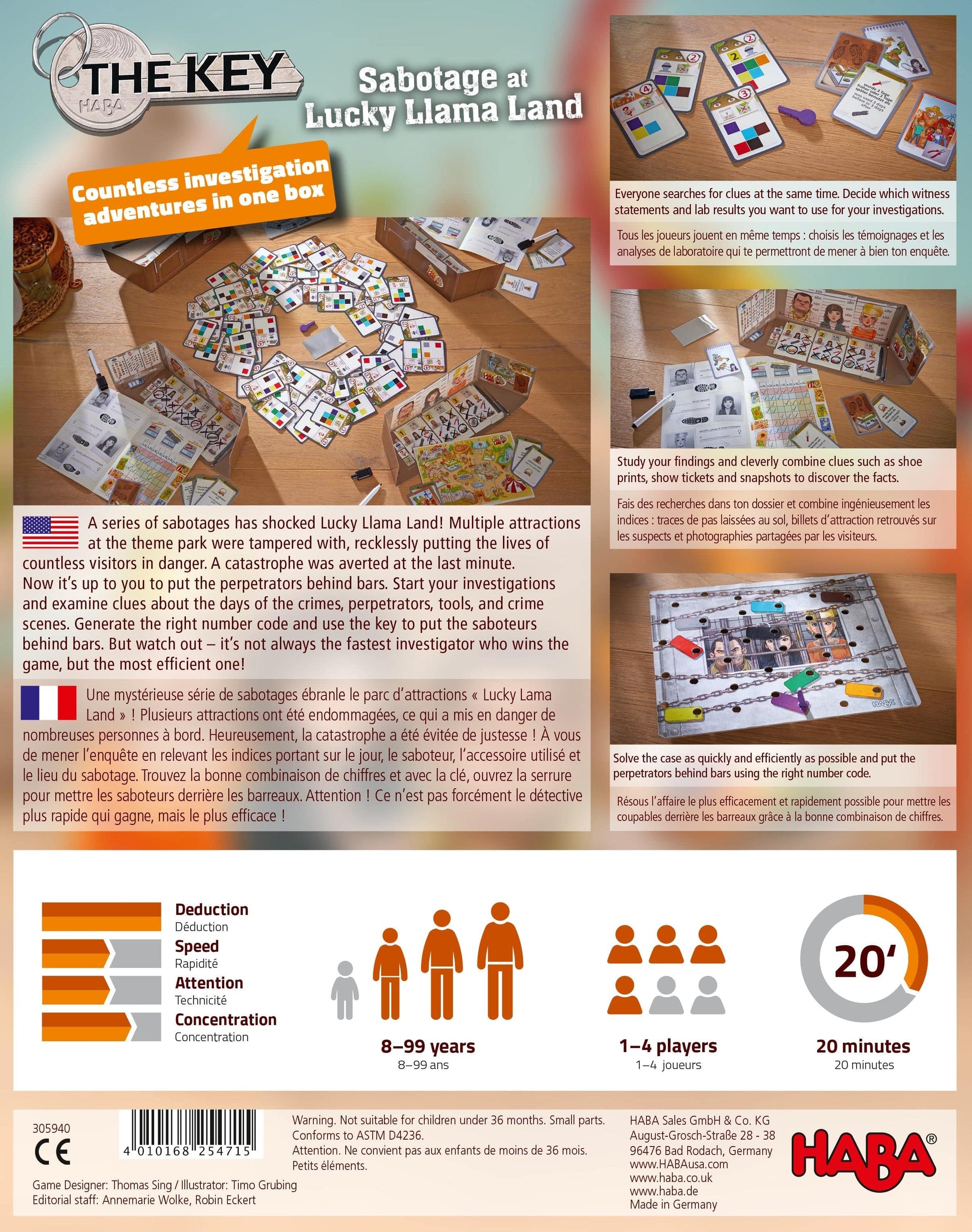 Board game packaging for 'Sabotage at Lucky Llama Land' by HABA with game pieces and instructions.