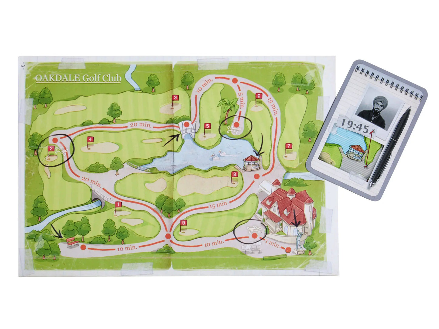 Golf course map with a notepad and pen from HABA deduction game on a white background