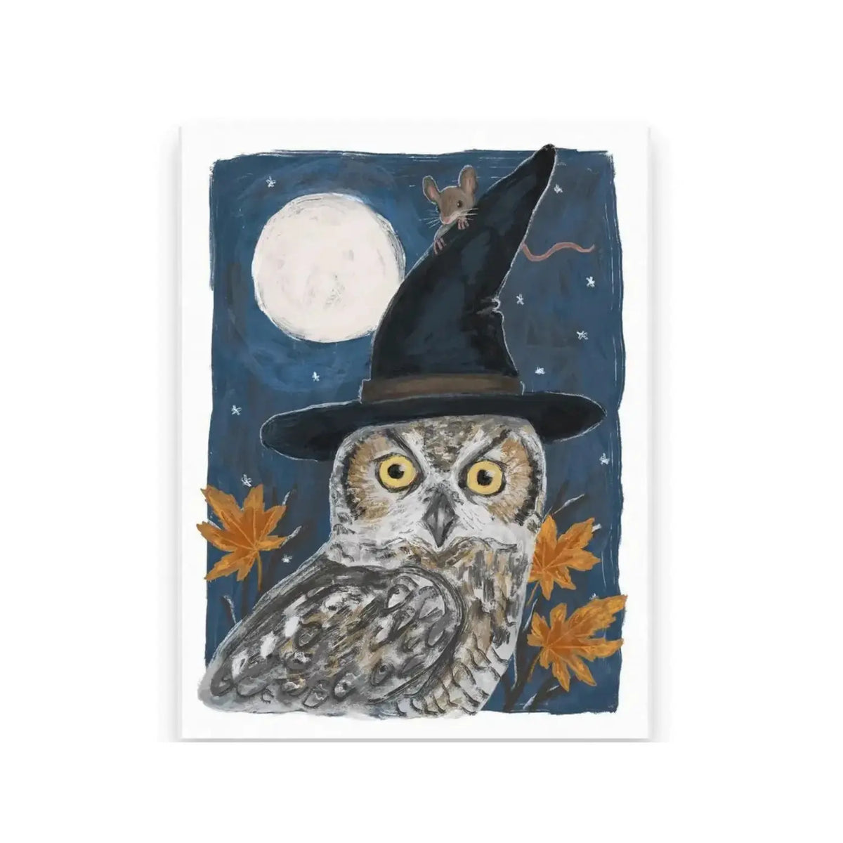 Halloween owl and mouse postcard featuring a witch hat, full moon, stars and golden autumn leaves on a white background.