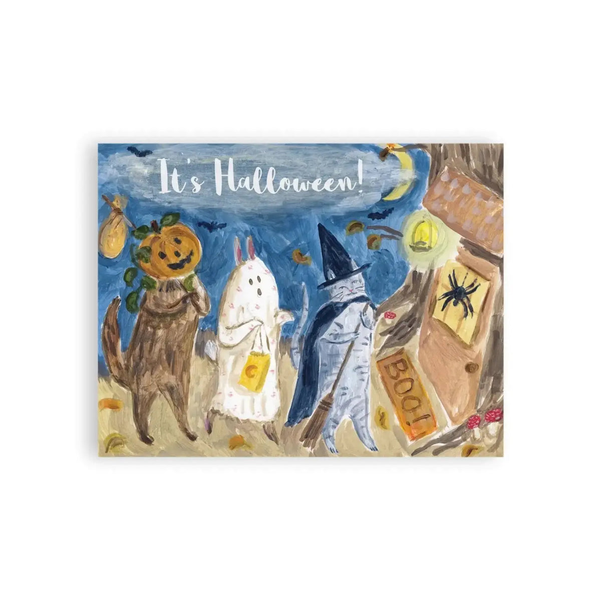 Halloween Parade woodland postcard by Ingrid Press with costumed animals, crescent moon, bats and a tiny tree door.