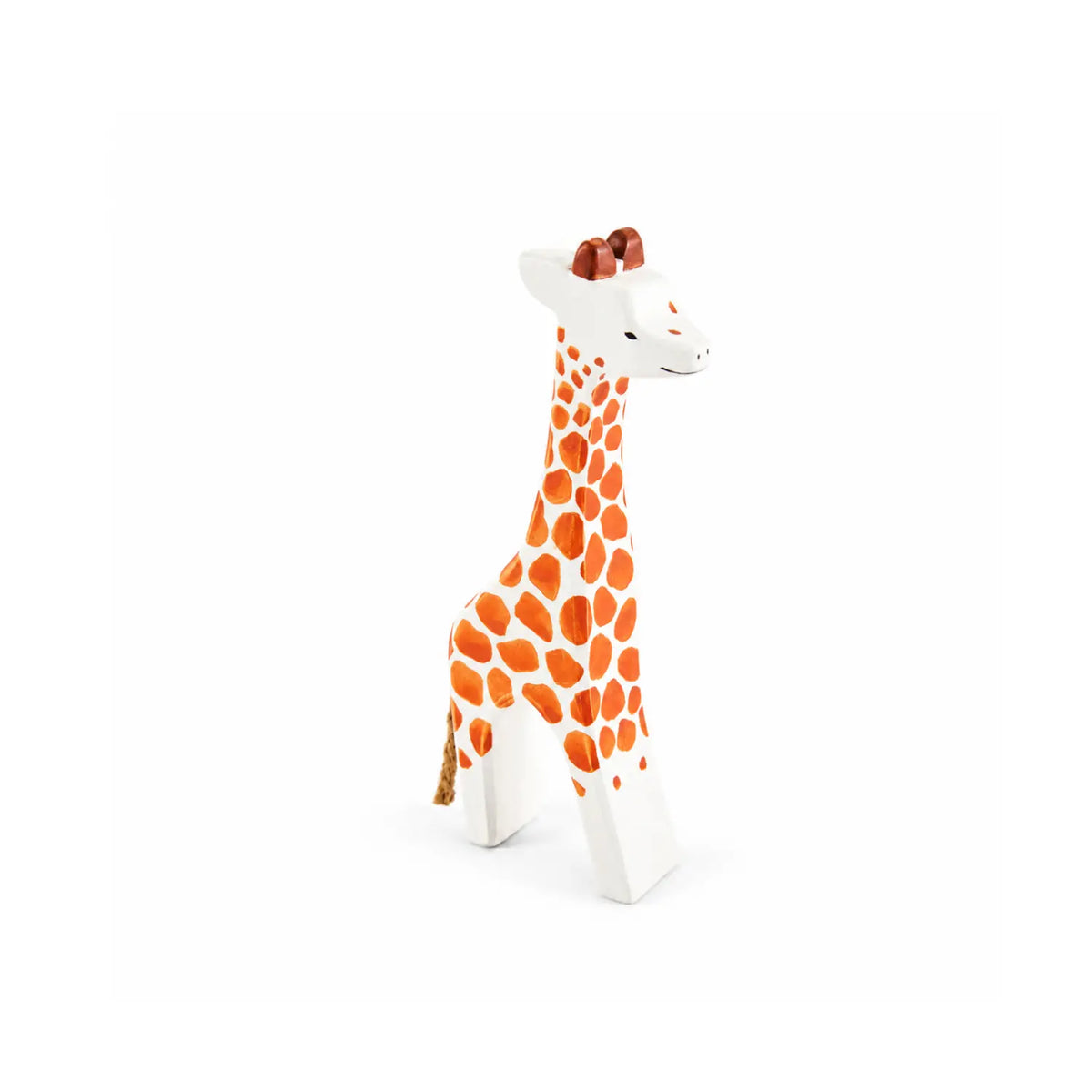 Hand-painted wooden giraffe toy by Sarah’s Silks with orange spots, on a white background