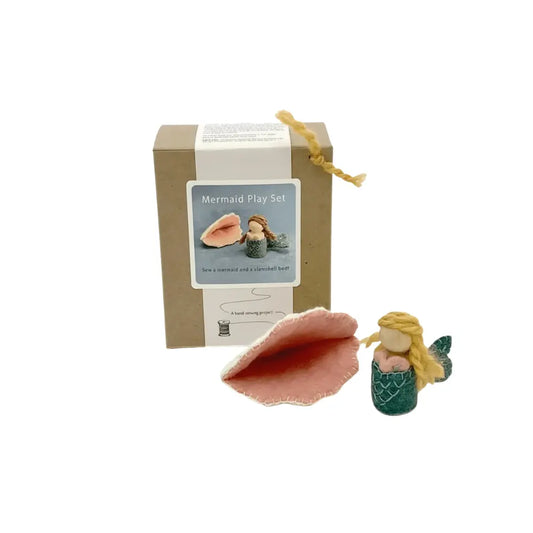 A hand sewing kit to make your own mermaid peg dolls and clam shell