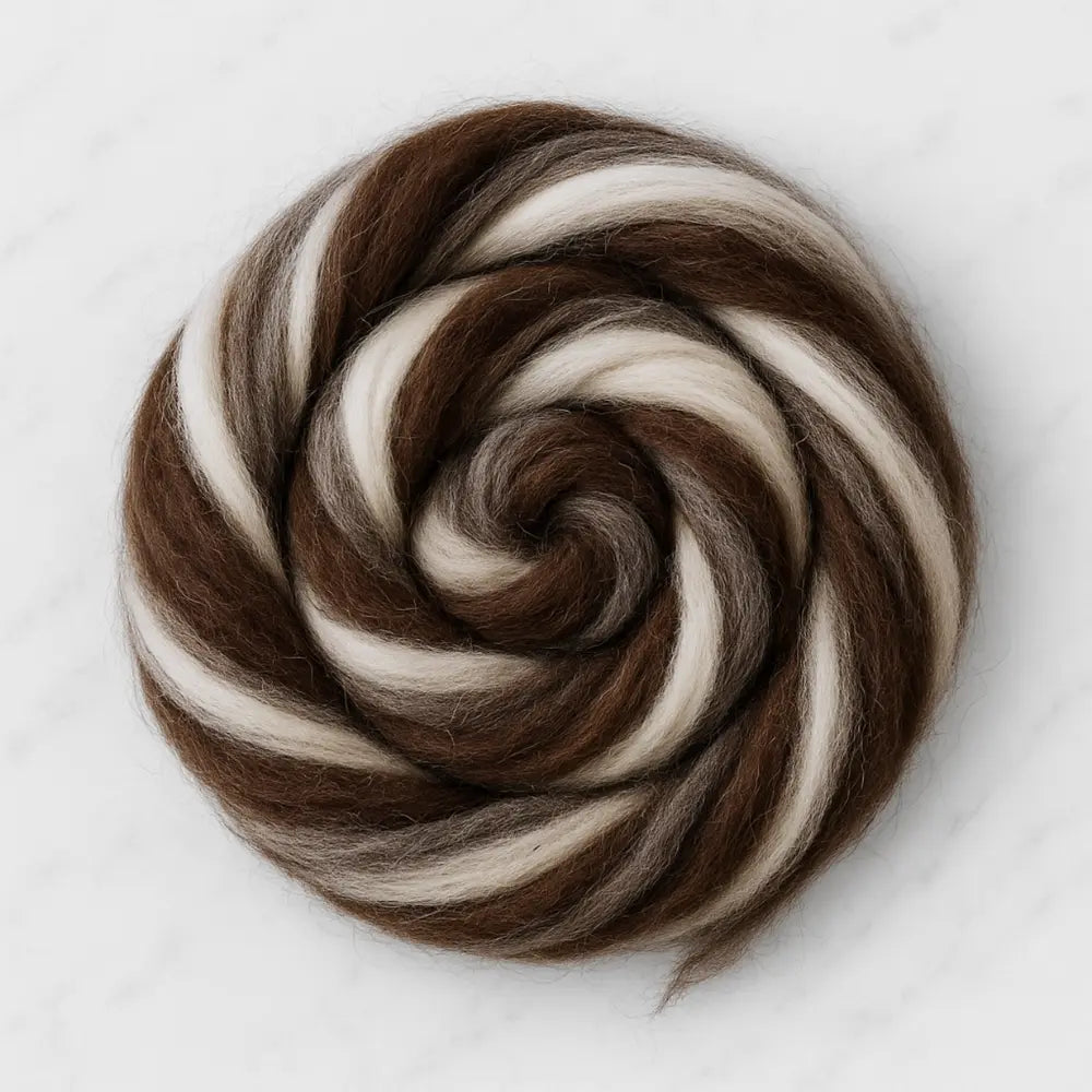 Spool of brown and white yarn on a white background