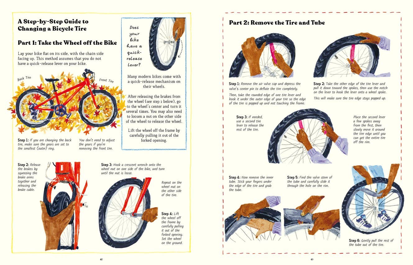 Illustrated bicycle tire repair instructions from The Handbook of Forgotten Skills