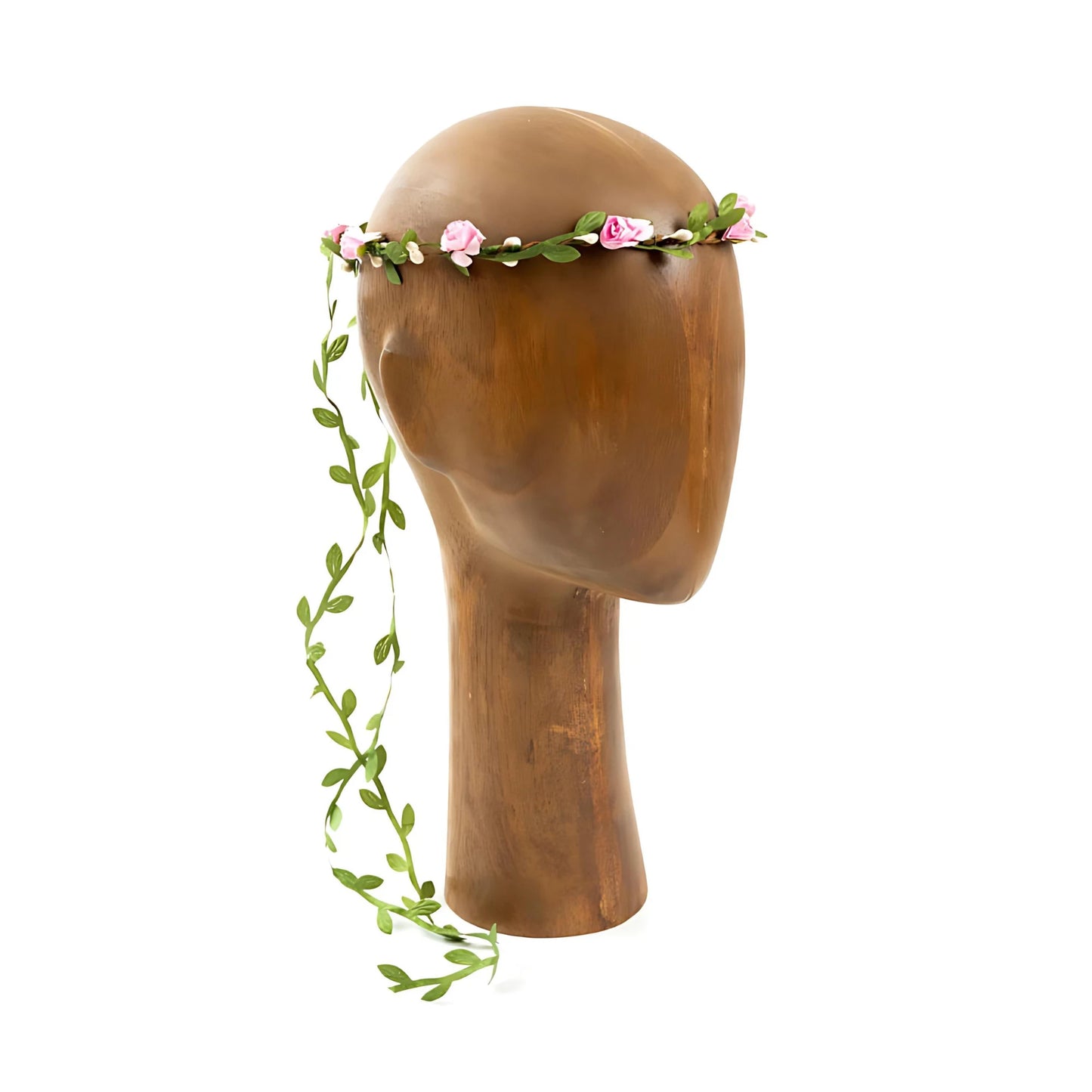 Flower Crown with pink flowers and green leaves on a mannequin head on white background