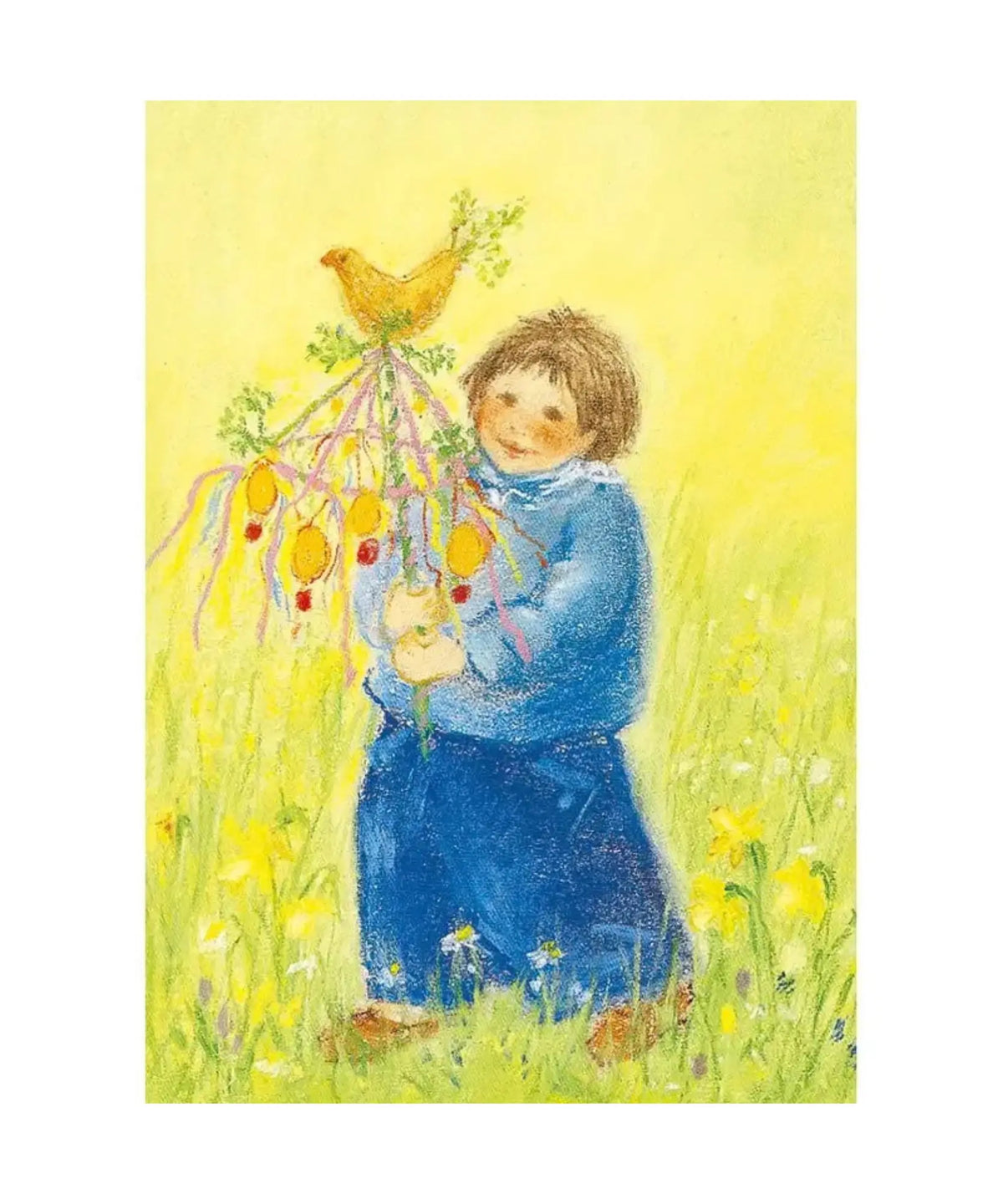 Happy Easter postcard by Marjan van Zeyl featuring a smiling child in blue holding colorful Easter egg branches topped with a golden bird, surrounded by spring flowers.
