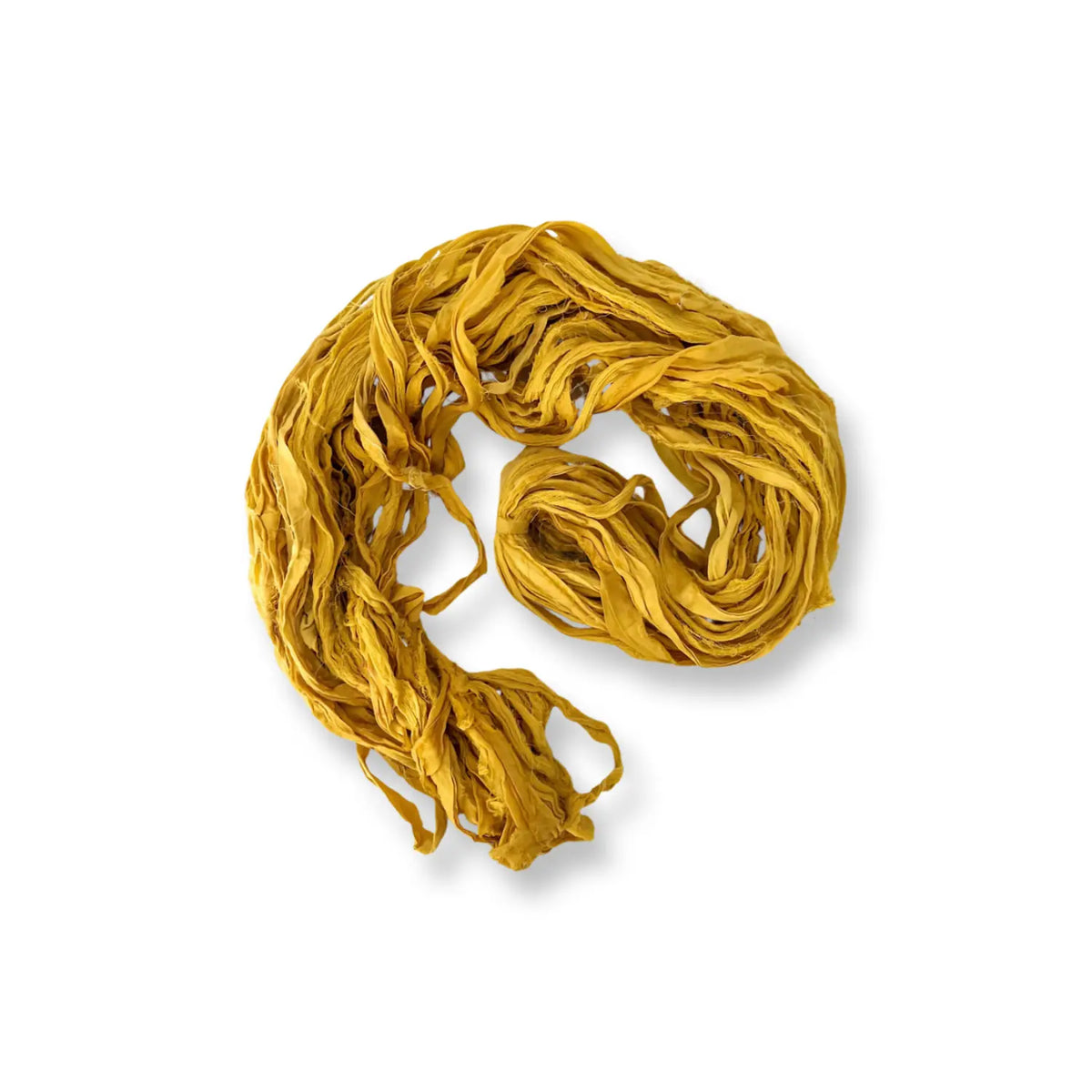 Loosely coiled hank of mustard-gold recycled sari silk chiffon ribbon yarn, Harvest Gold colorway