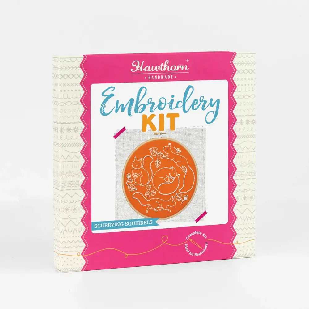 Hawthorn Handmade Scurrying Squirrels embroidery kit box with autumn squirrel design on the front