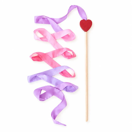 Sarah’s Silks Blossom Silk Streamer Wand with pink and lavender mulberry silk ribbon and red heart topper.