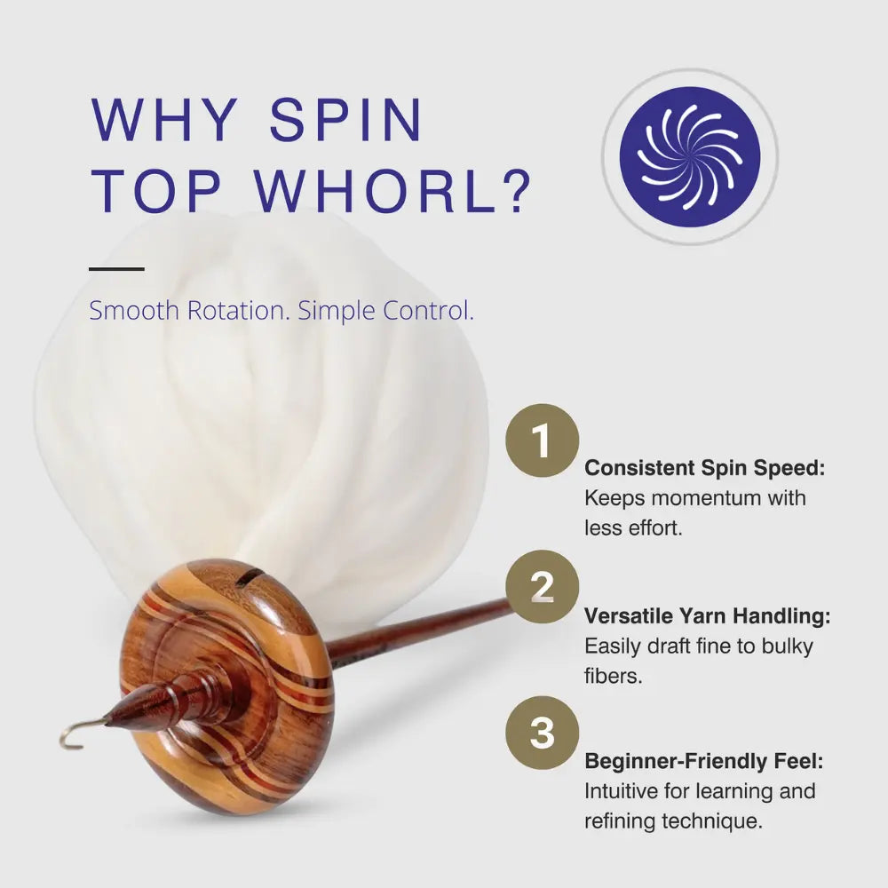 Wooden top whorl drop spindle with white yarn on a white background