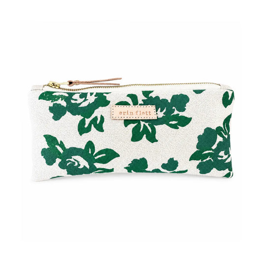 Helen Rose Green cotton barkcloth pencil pouch by Erin Flett on a white background